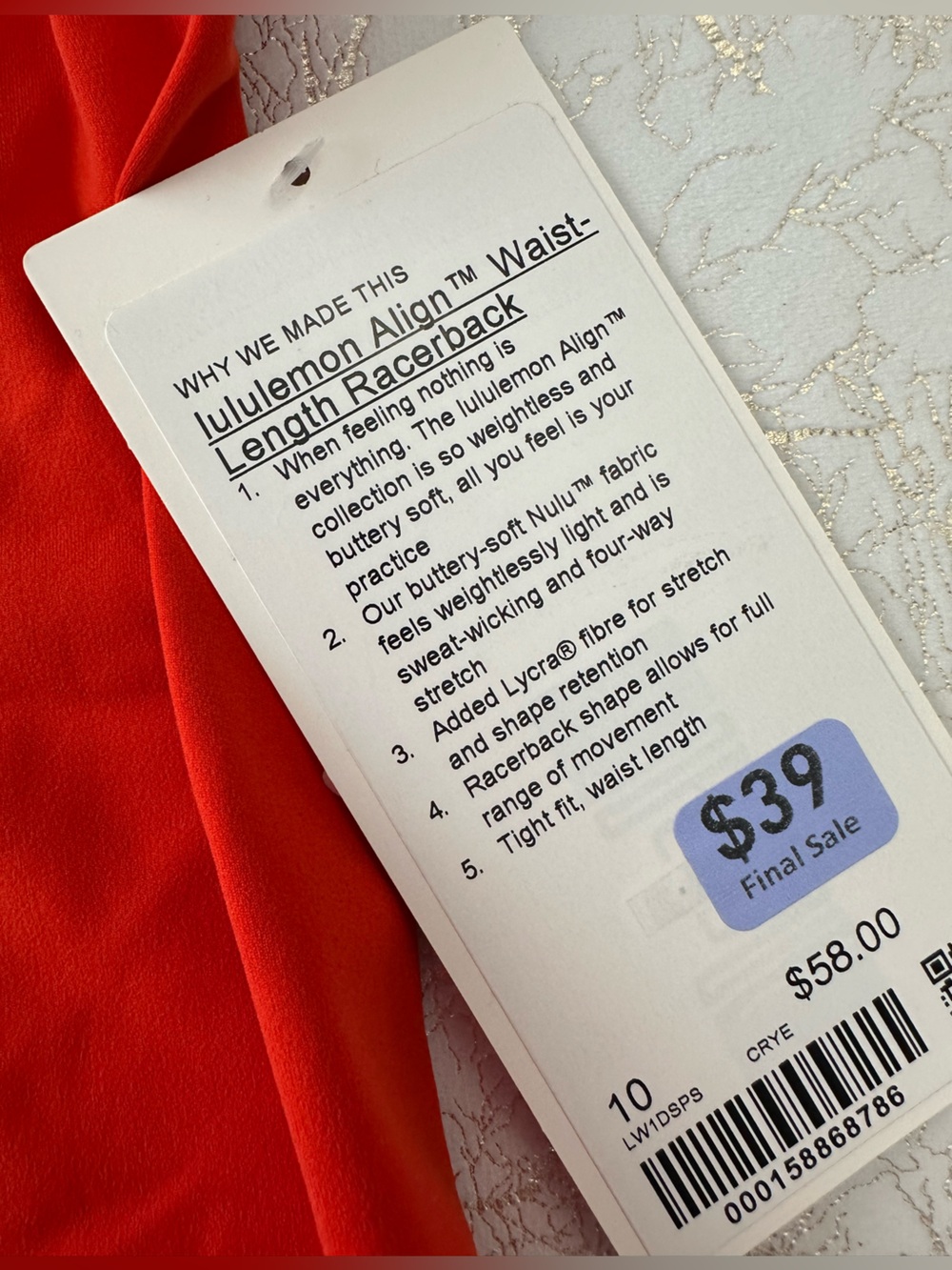 lululemon Align waist length Racerback Tank Bright Red - SIZE 10 - Picture 2 of 3